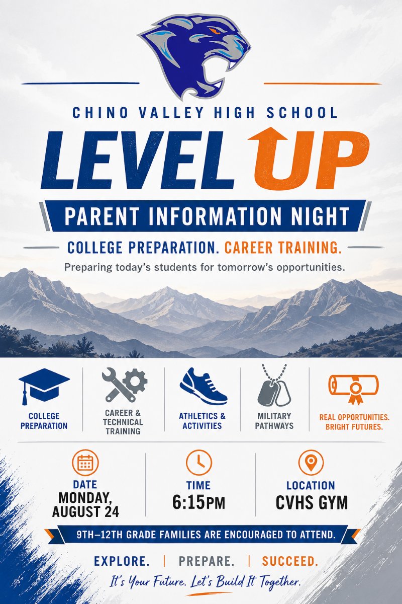 flyer explaining all the same details in text with graphics, mountains, and cougar logo